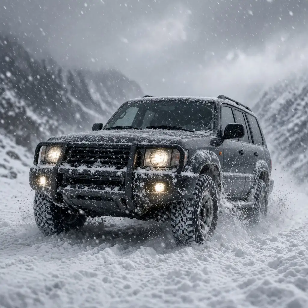 A black 4x4 SUV pushing through deep snow in a storm