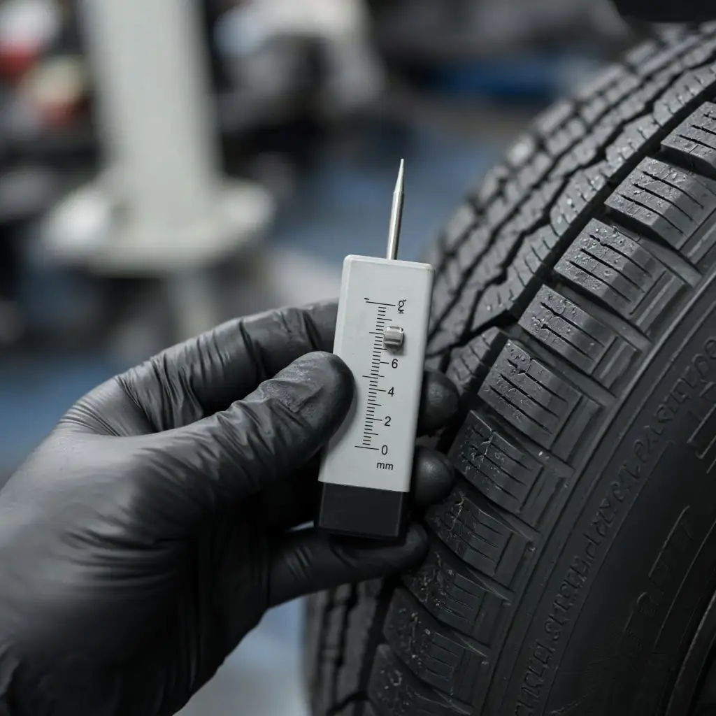 A technician reading tire tread depth with a gauge