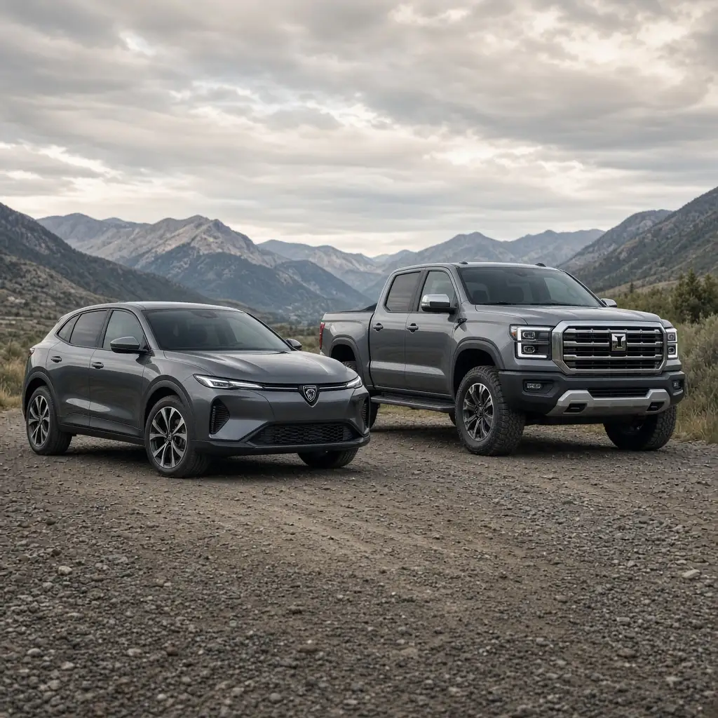 An all-wheel drive crossover parked beside a 4x4 pickup truck