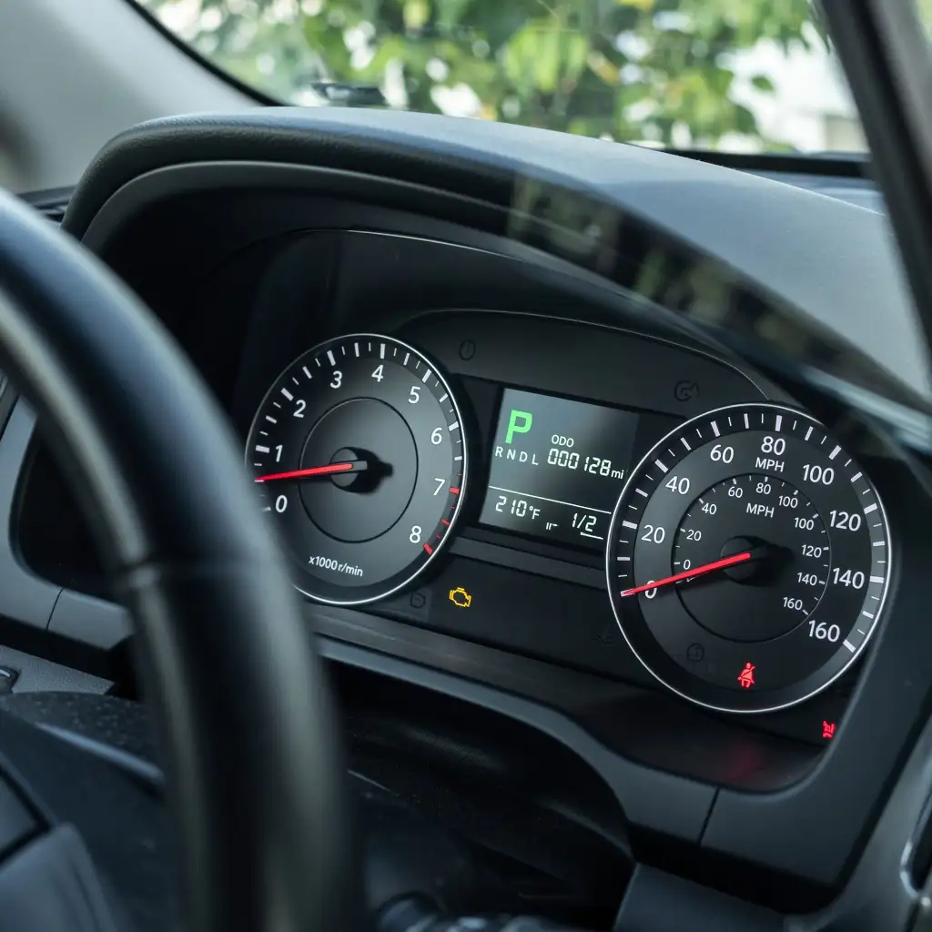 The instrument cluster of a low-mileage used car, the odometer reading 128 miles