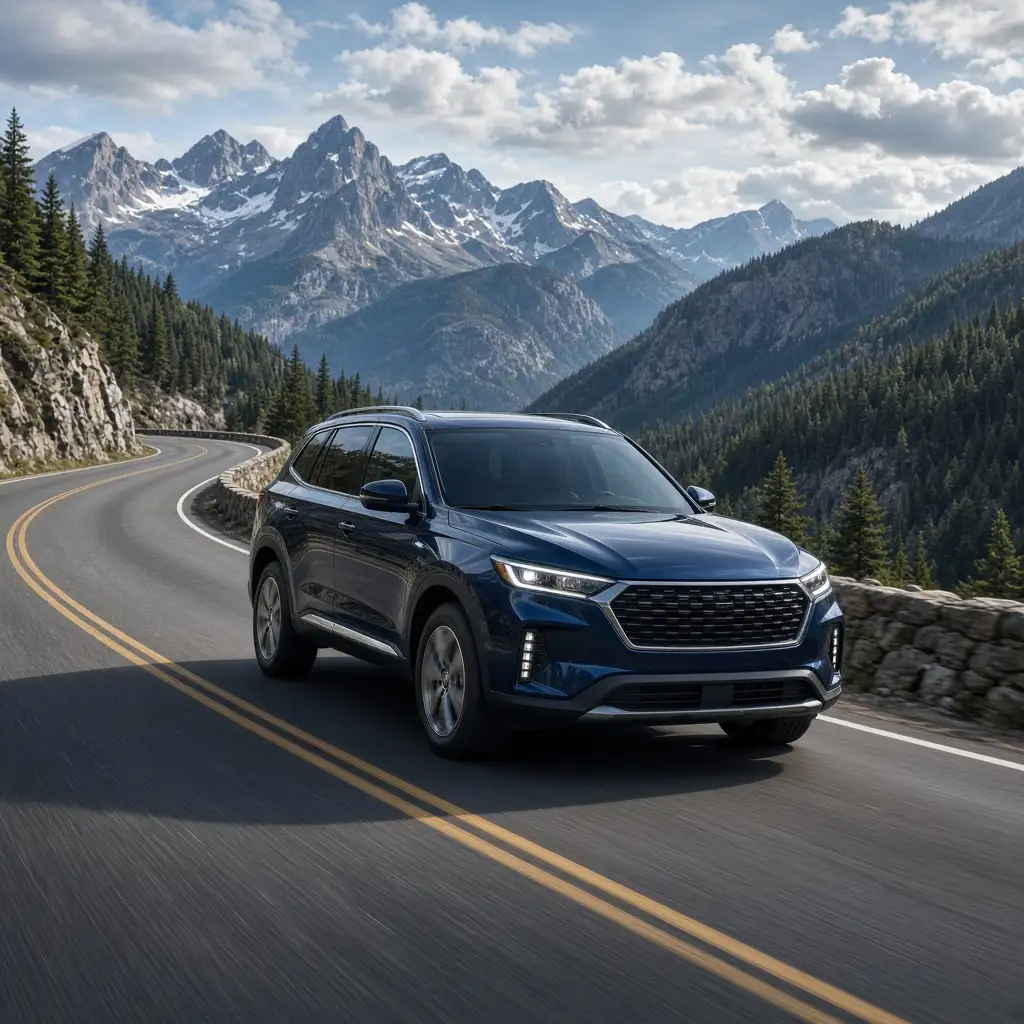 A dark blue SUV on a two-lane mountain highway below snow-capped peaks