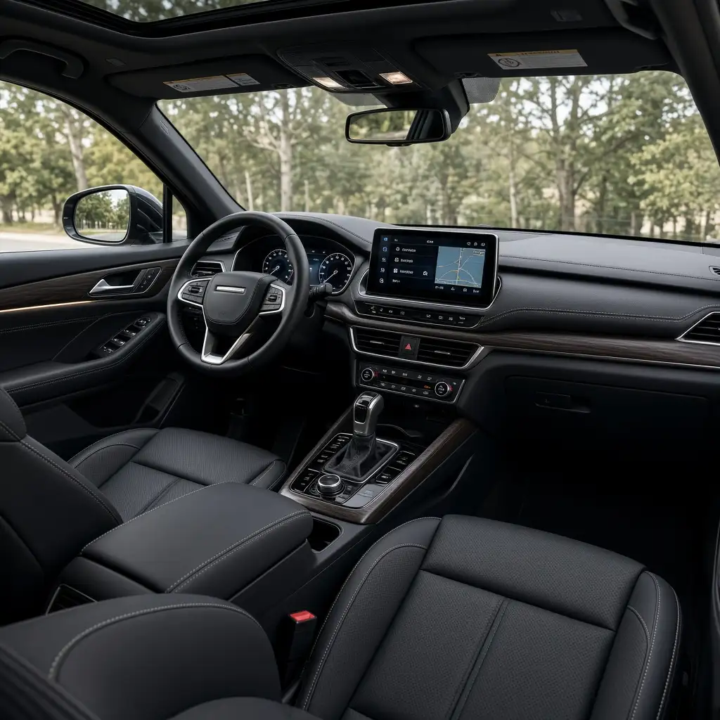 The unmarked black leather interior of a well-kept low-mileage used car, with wood trim and a centre touchscreen