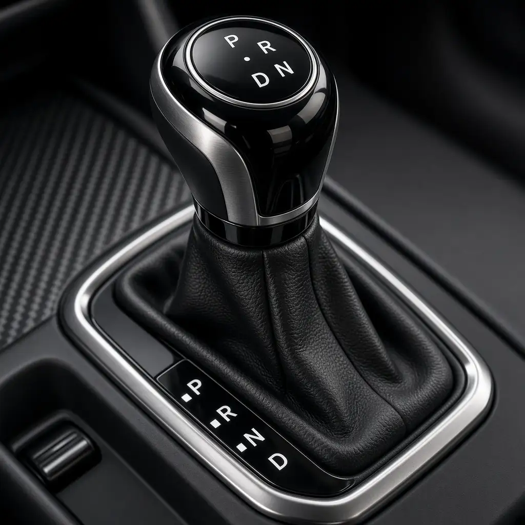 A close-up of an automatic gear selector showing no wear on the leather boot or chrome surround
