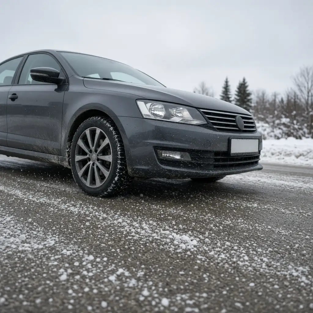 A used sedan on a salted winter road, its tire and wheel in the foreground