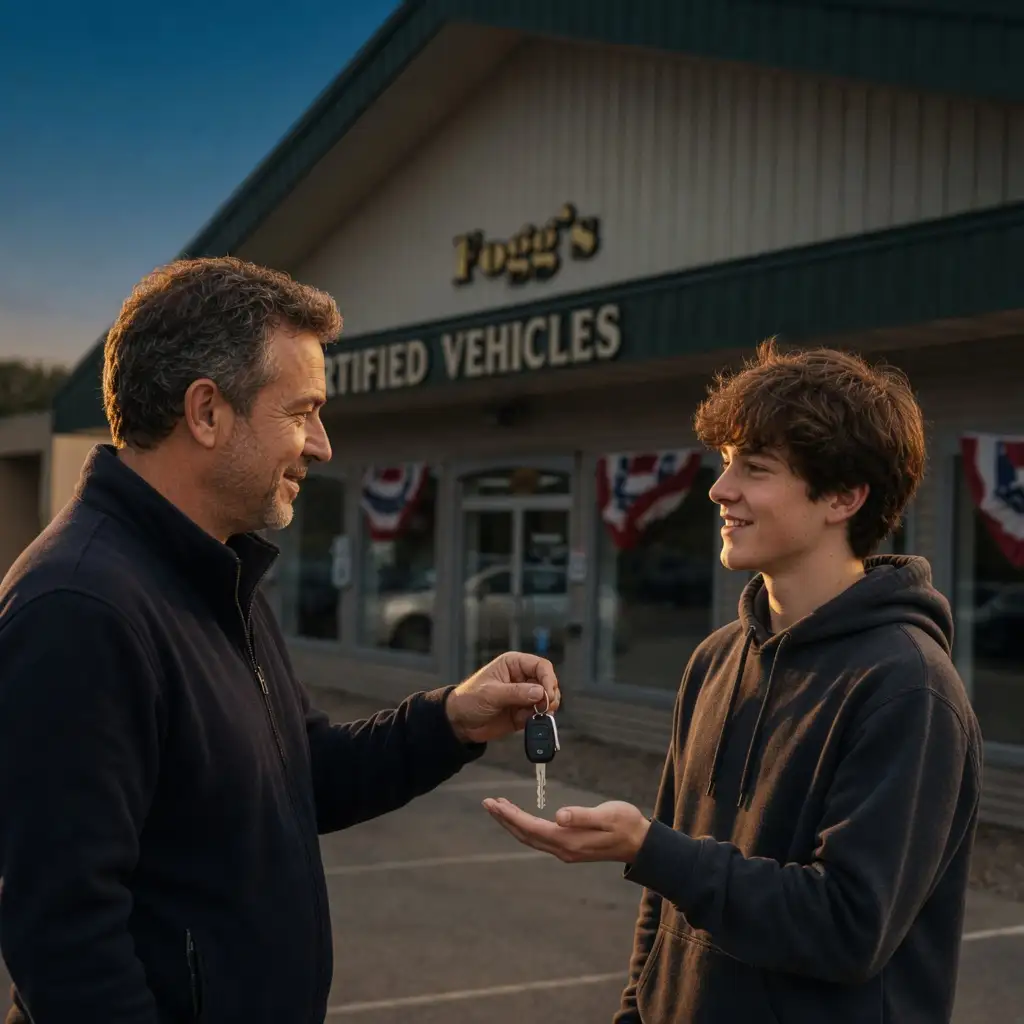 A parent handing car keys to a teenage driver outside Fogg's Automotive near Schenectady, NY