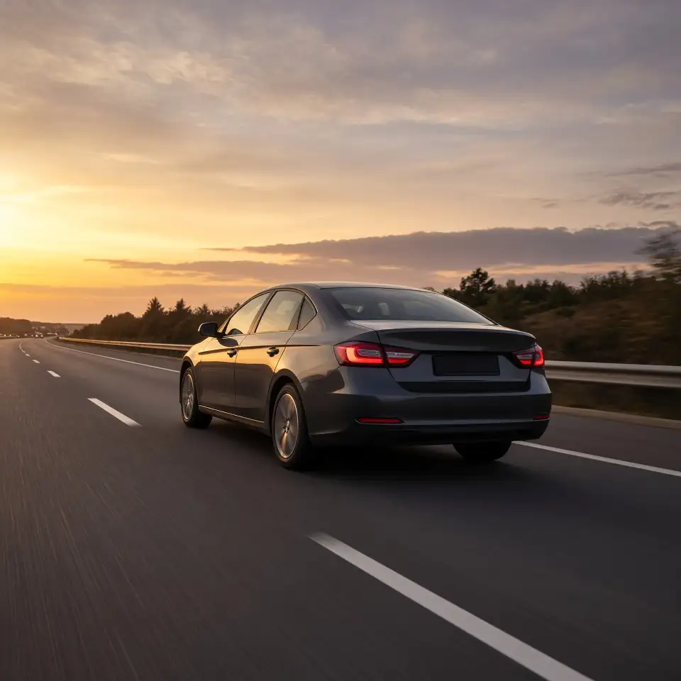 A grey used sedan at speed on the highway at sunset
