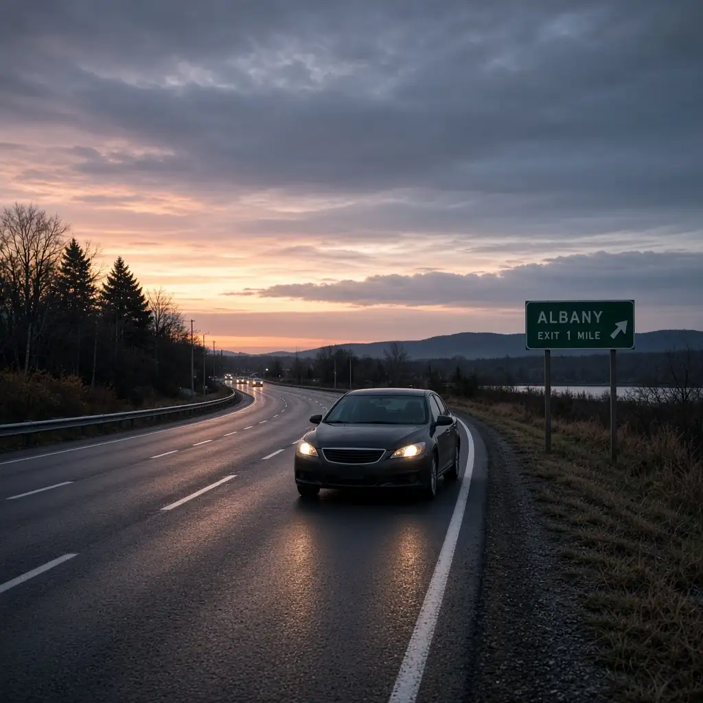 A used sedan on the highway at dusk, approaching the Albany exit