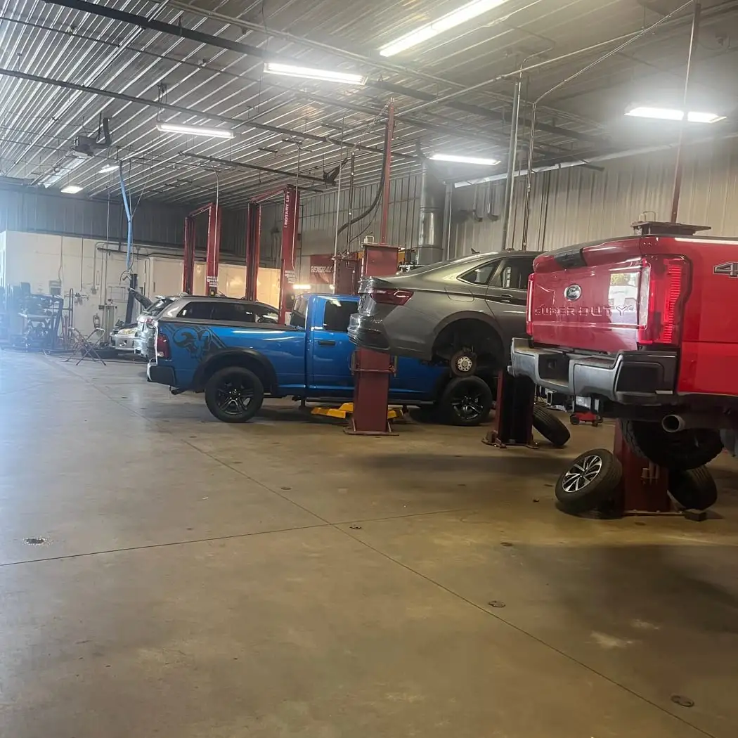 Cars raised on two-post lifts across the Fogg's service floor, undercarriages exposed