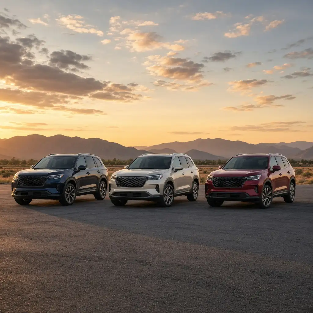 Three midsize SUVs parked side by side at sunset