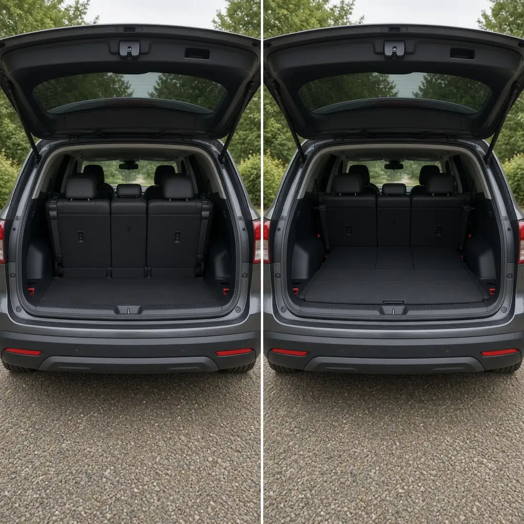 The same SUV cargo area shown twice — rear seats upright on the left, folded flat on the right
