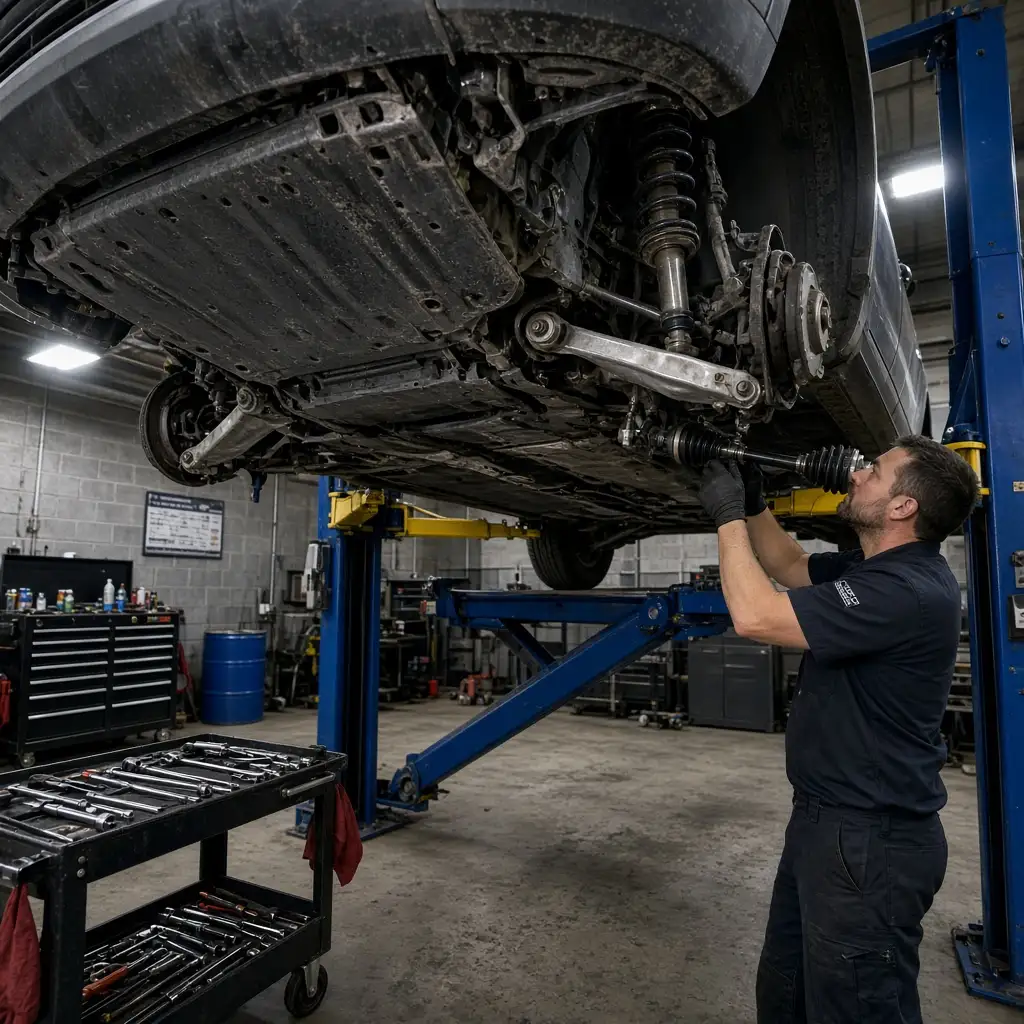 A technician inspecting the front suspension and drive axle of an SUV raised on a two-post lift