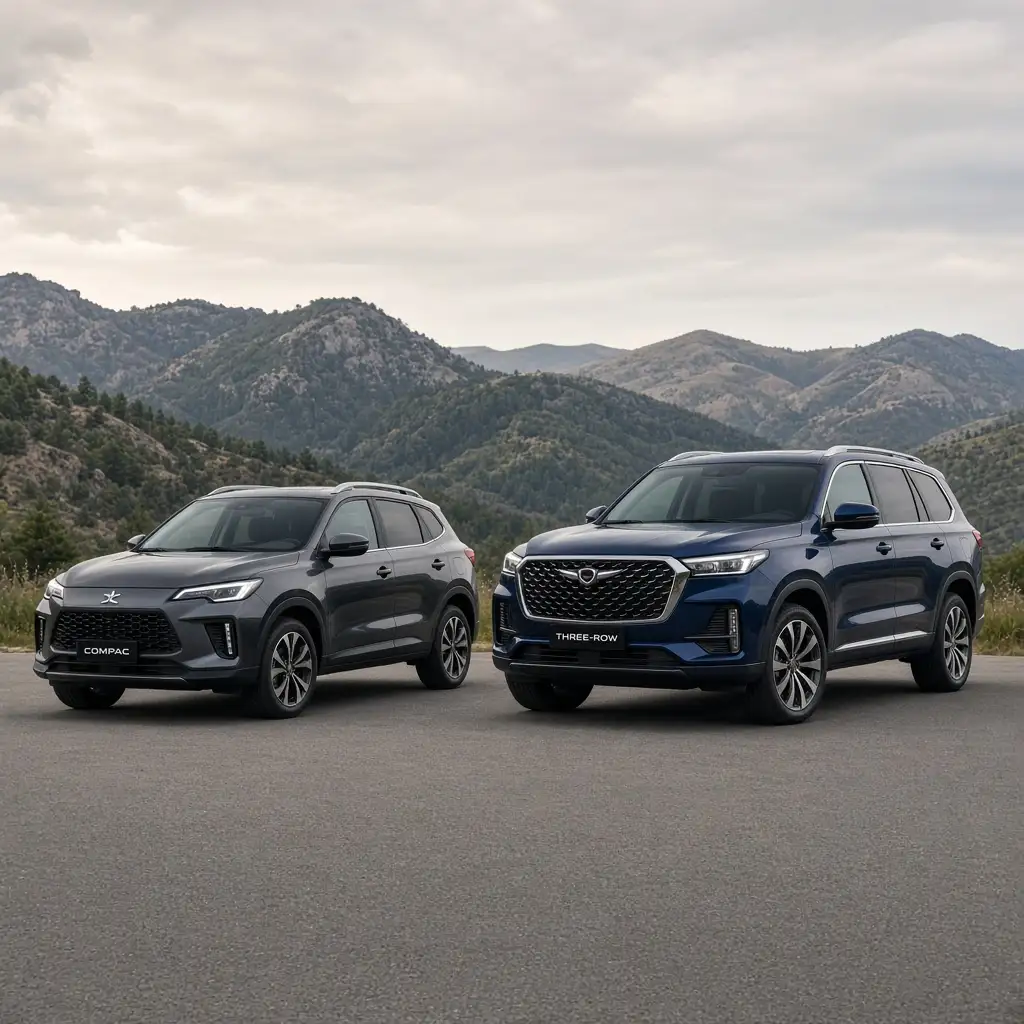 A compact crossover parked beside a larger three-row SUV, showing the difference in length and height