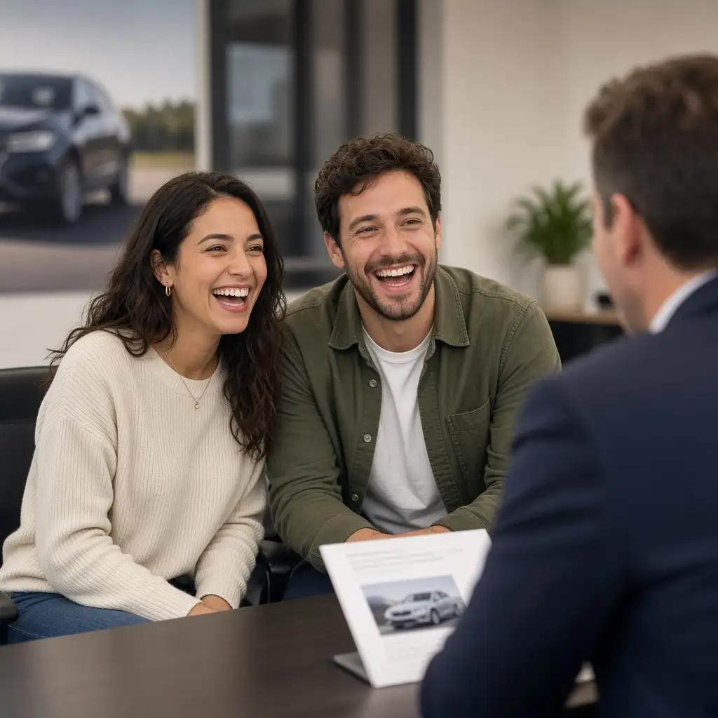 Two customers laughing with a finance manager across a desk, a vehicle listing on the table between them