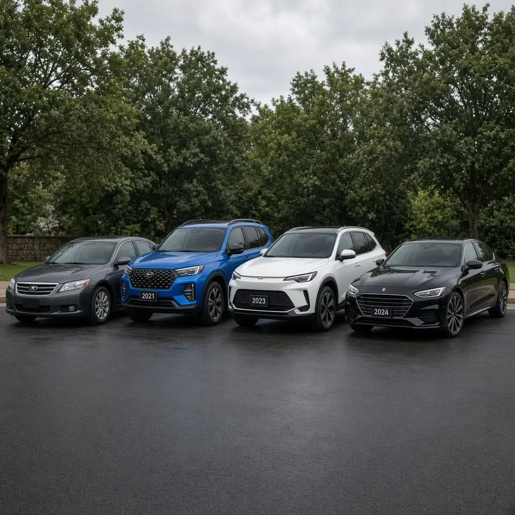 A line of reconditioned used vehicles ready for sale, sedans and SUVs together