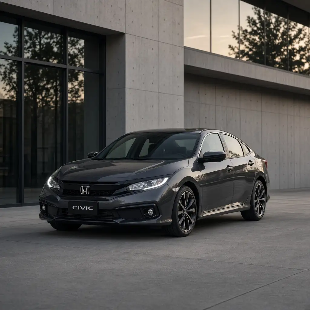 A newer dark grey used sedan parked outside a modern concrete building