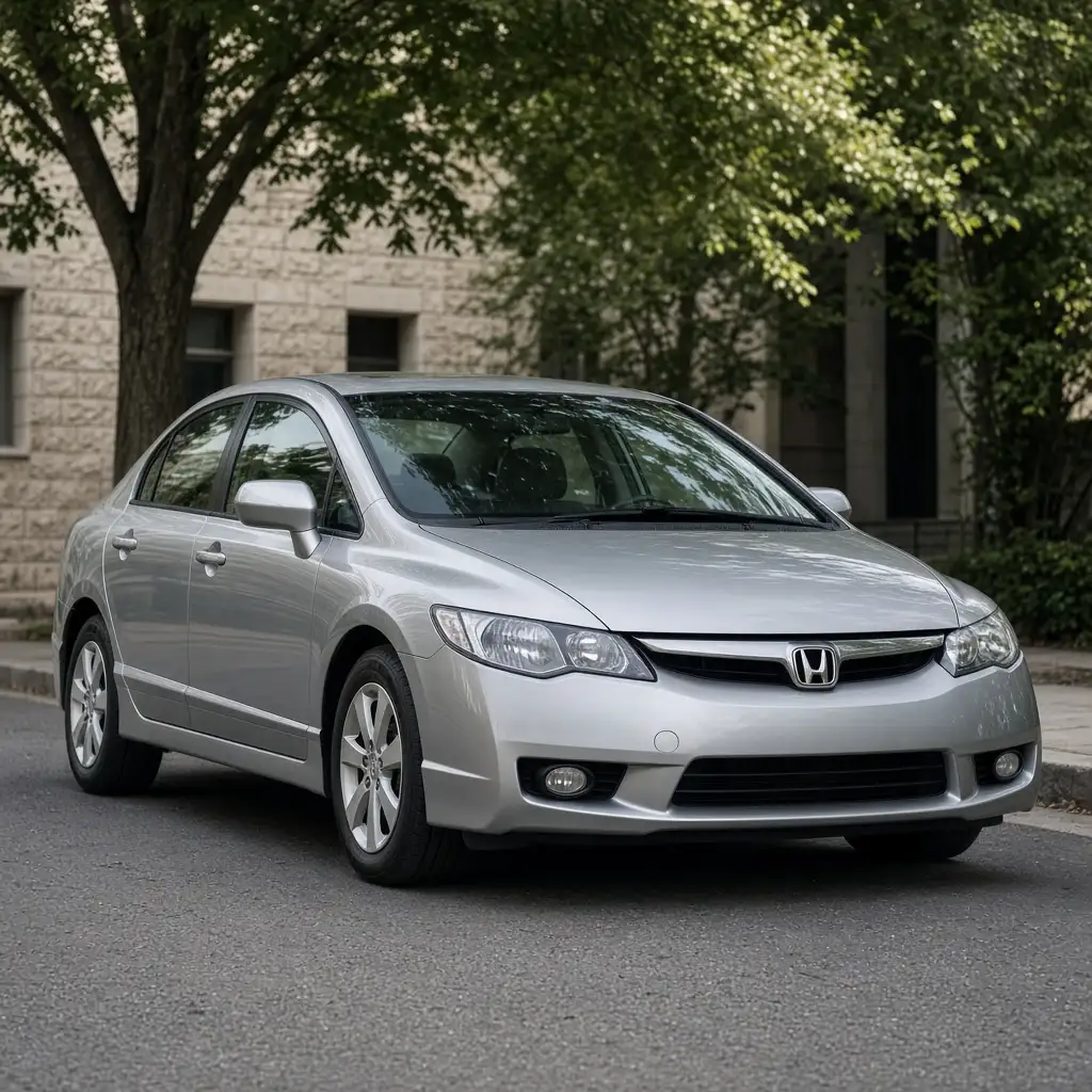 An older silver used sedan, clean and well kept, parked on a tree-lined street