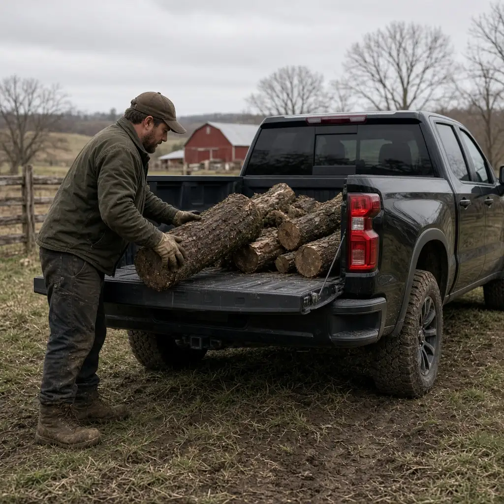 A man loading logs into the bed of a black Chevrolet Silverado on a farm