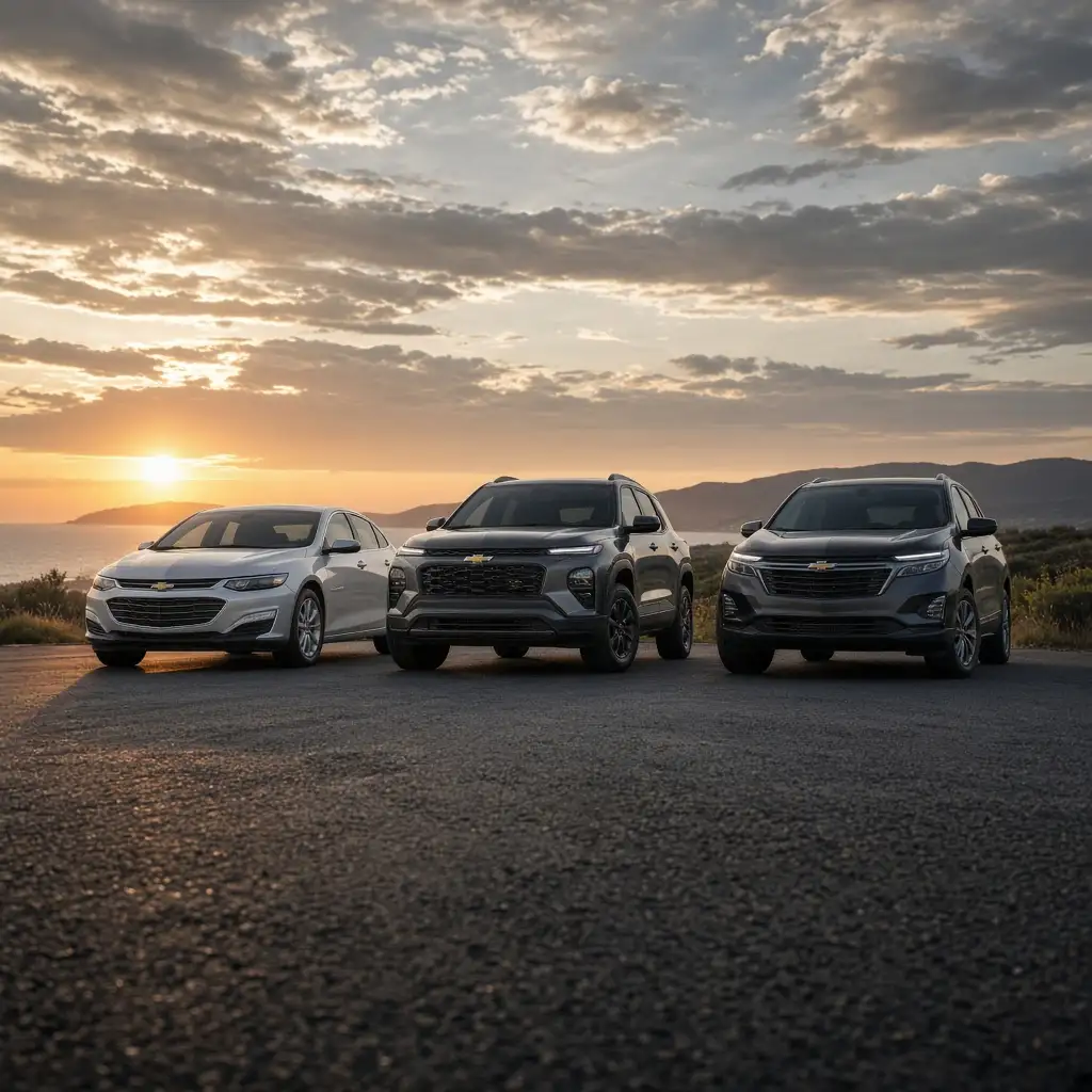 Three Chevrolets side by side — a Malibu sedan, a Trailblazer and an Equinox