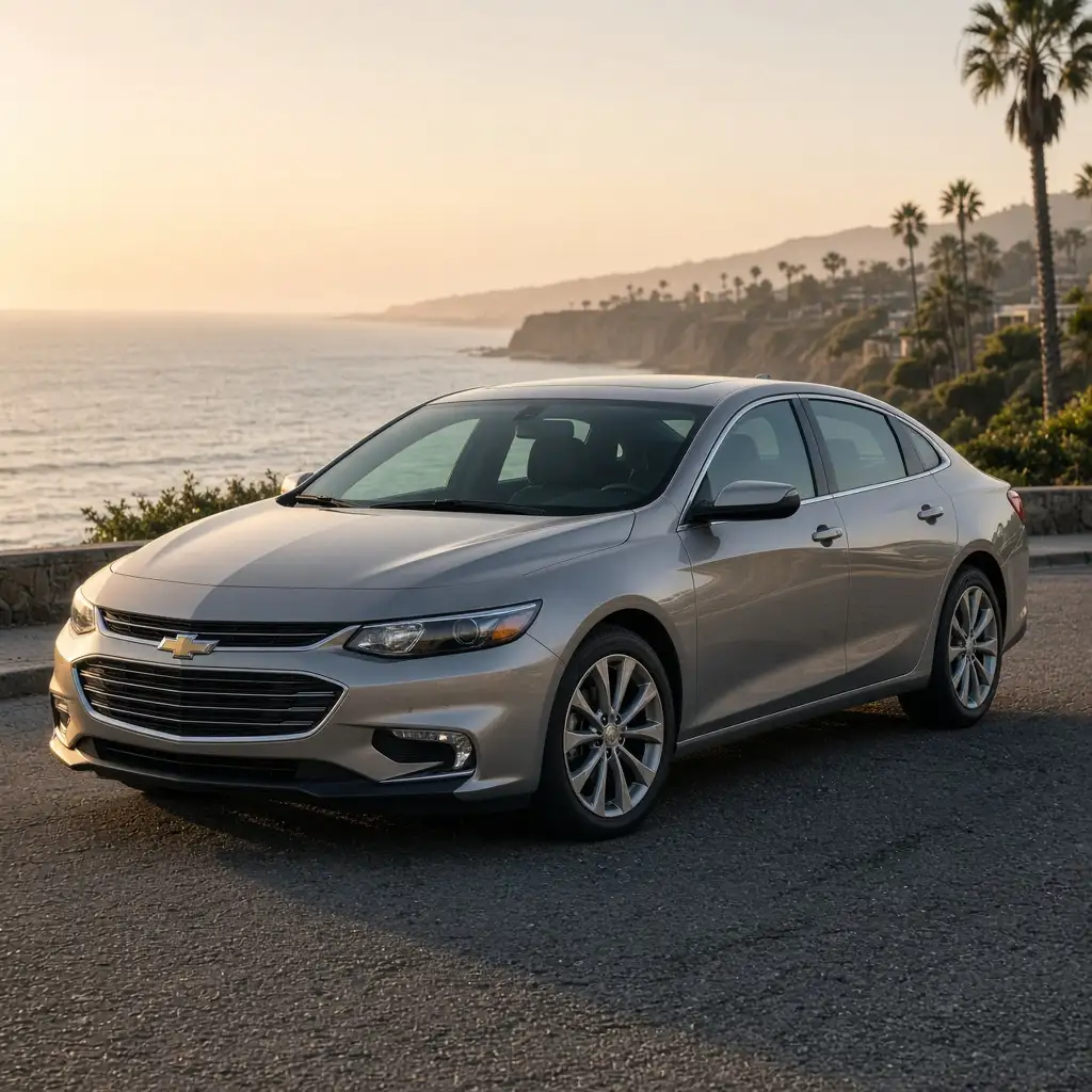 A silver Chevrolet Malibu photographed at three-quarter view in low evening light