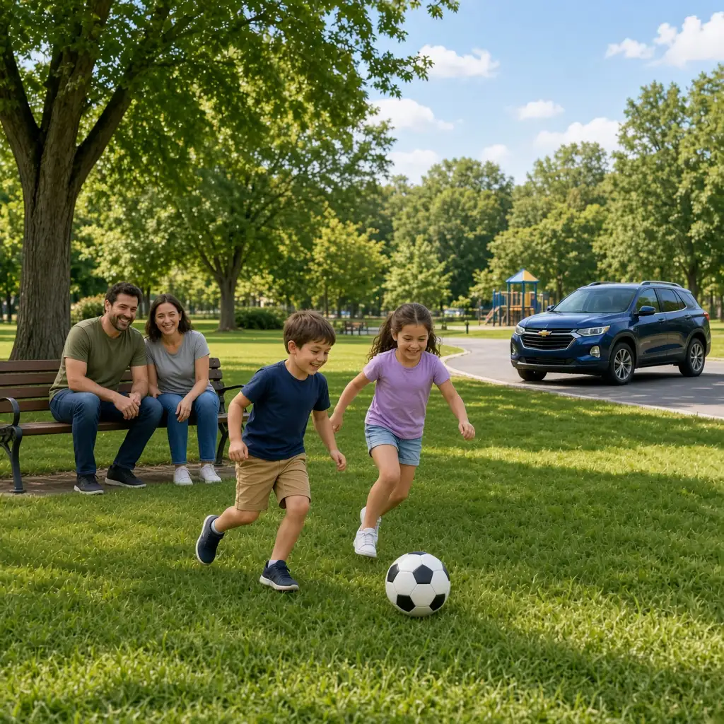 A family in a park with a blue Chevrolet Equinox parked nearby