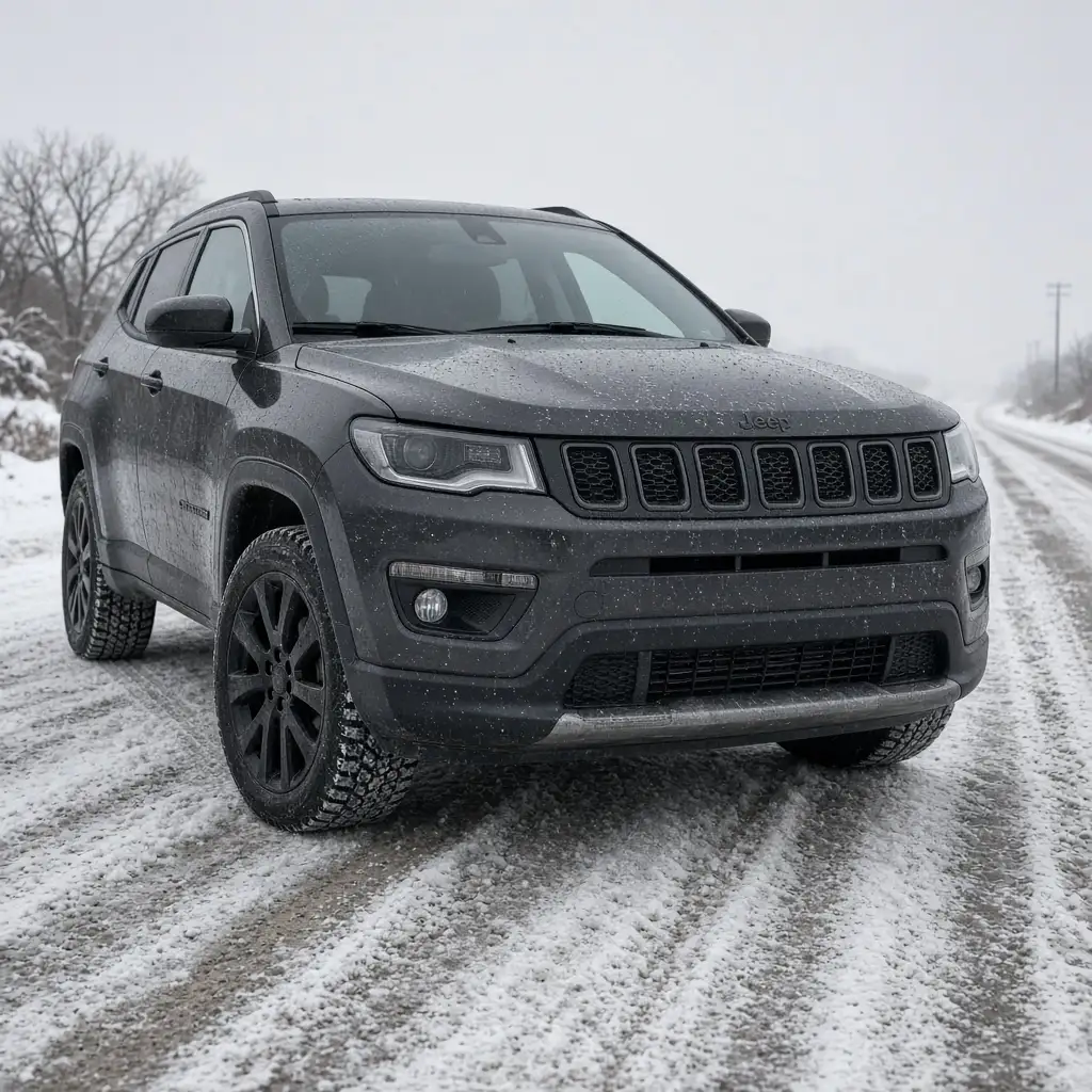A dark grey Jeep Compass on a snow-covered road with road salt across its body