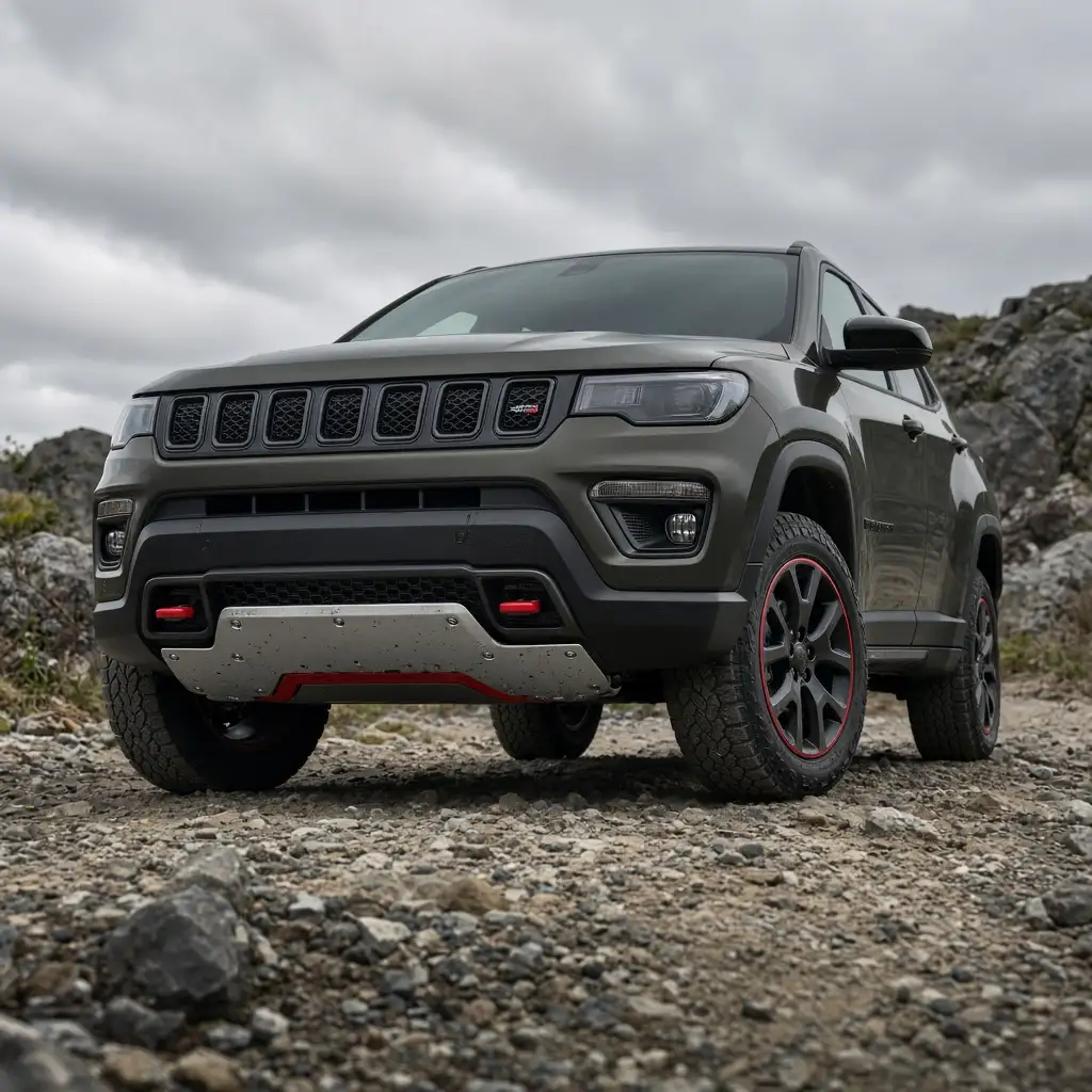 A green Jeep Compass Trailhawk shot low on rocky ground, skid plate and red tow hooks visible