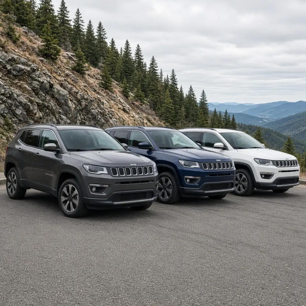 Three Jeep Compasses parked in a row — grey, navy and white — at a forested overlook