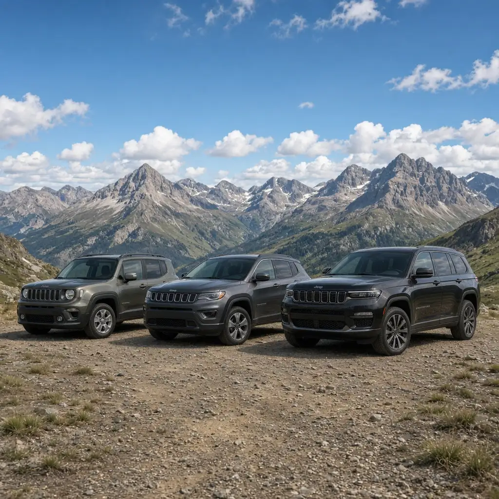 A Jeep Renegade, Compass and Grand Cherokee parked in a row, showing the size ladder