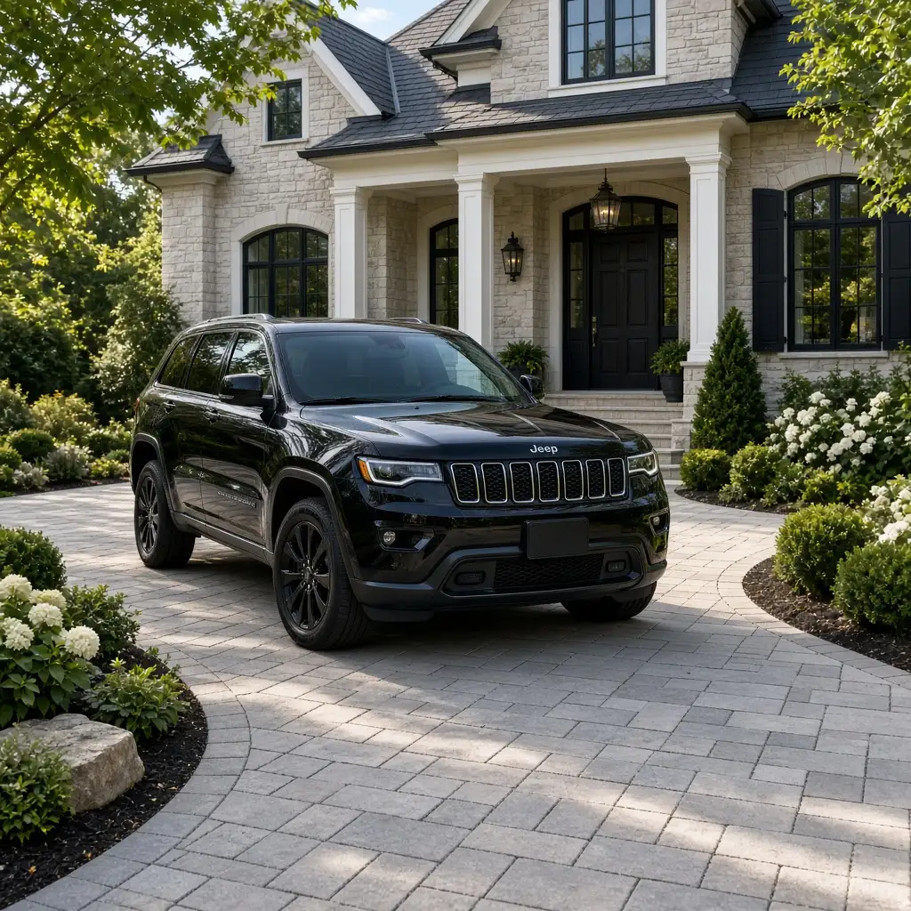 A black Jeep Grand Cherokee parked on a paver driveway in front of a stone house