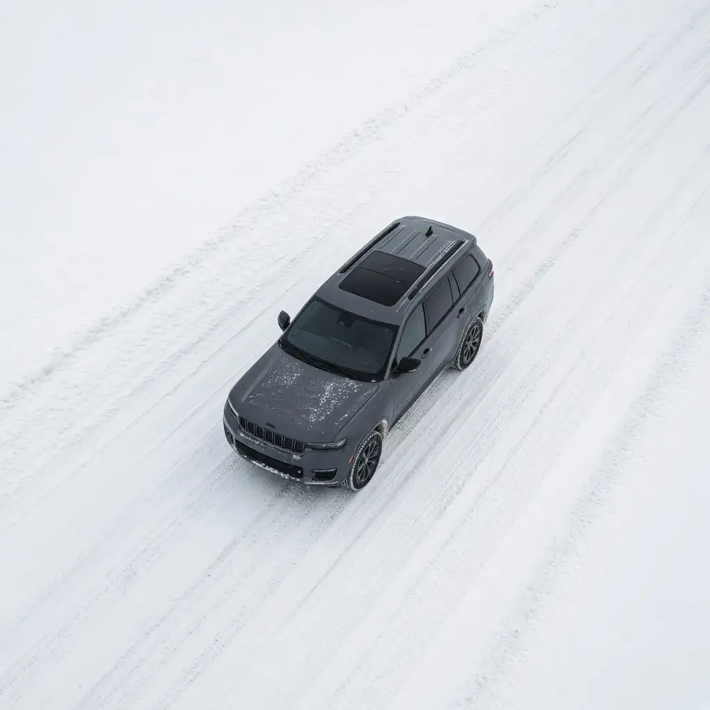 An overhead view of a grey Jeep Grand Cherokee L on a snow-covered road