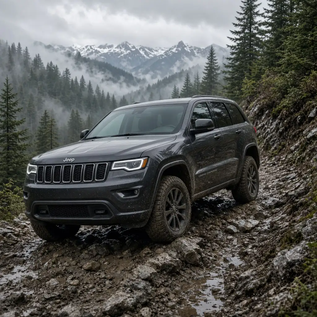 A grey Jeep Grand Cherokee climbing a wet rocky trail with mud on its tires