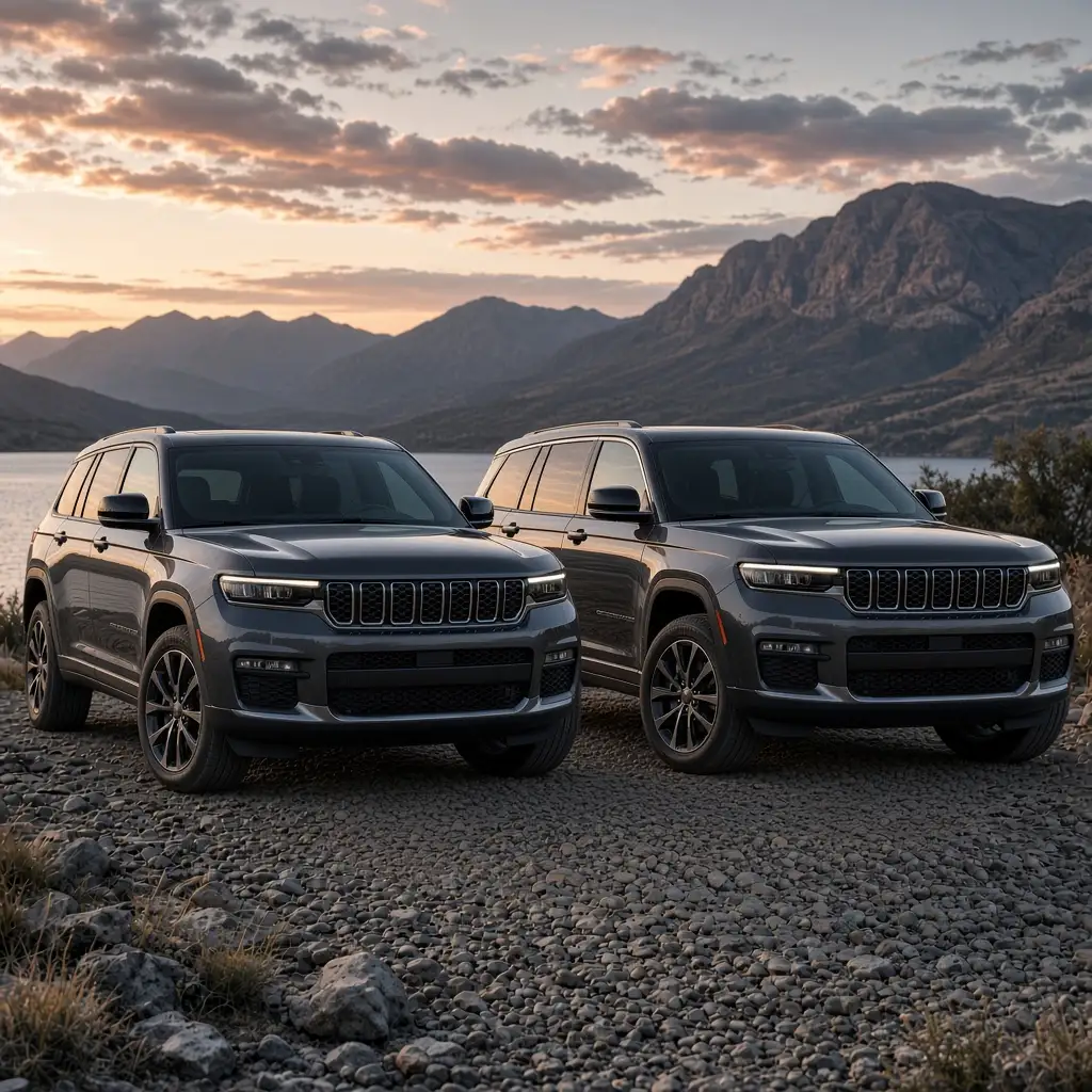 A grey Jeep Grand Cherokee L parked beside a lake at sunset