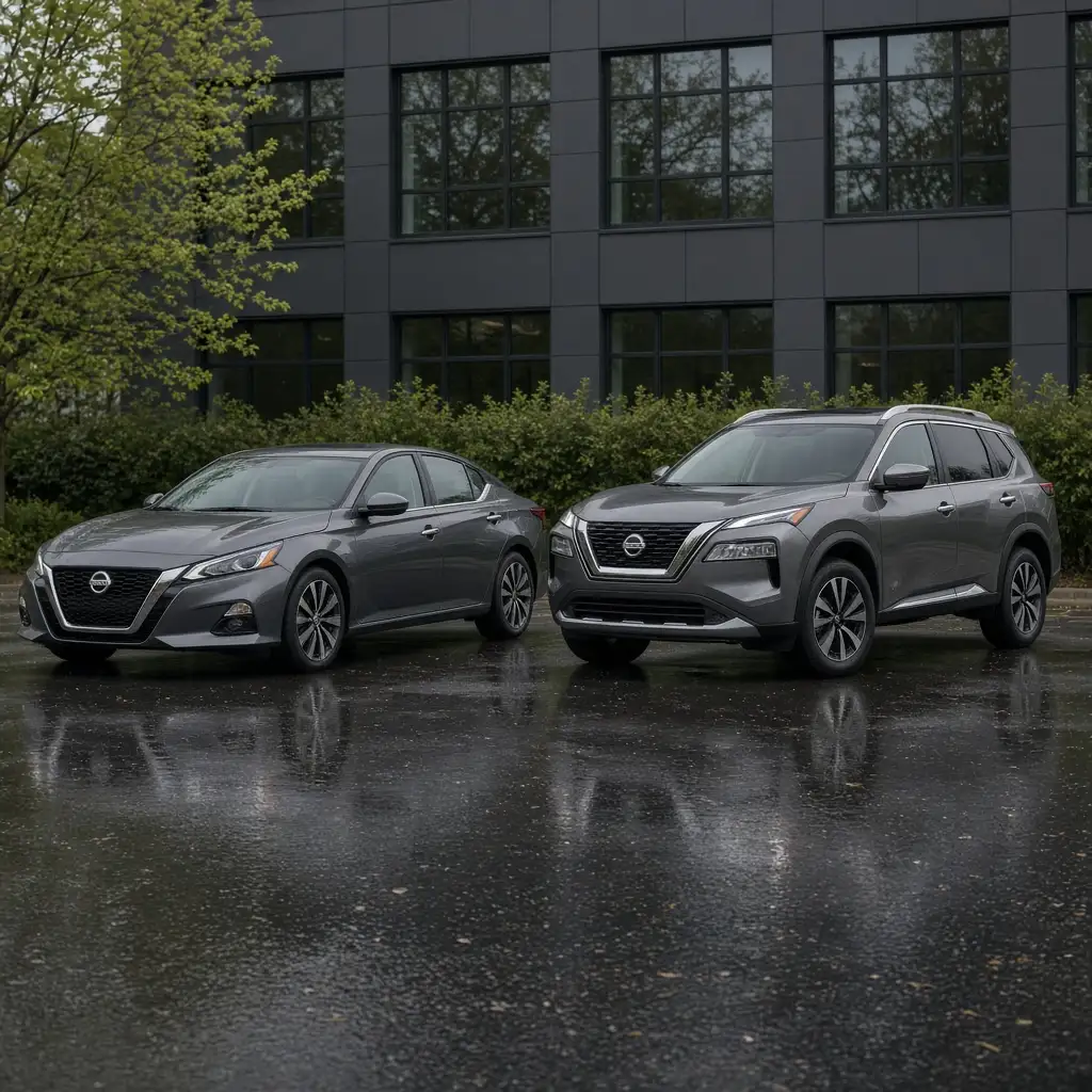 A Nissan Altima sedan and a Nissan Rogue crossover parked side by side on wet asphalt