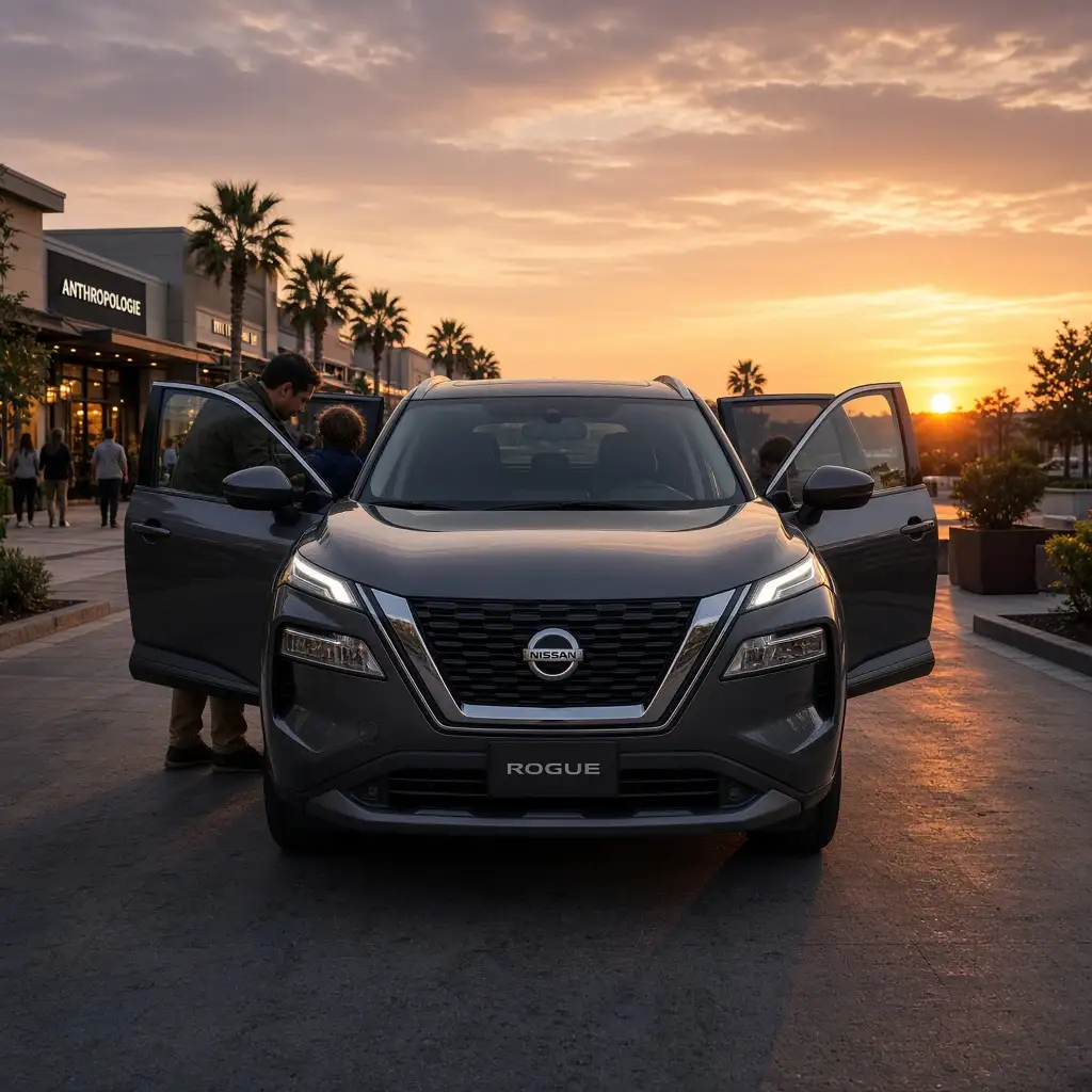 A grey Nissan Rogue with both front doors open while a family loads it