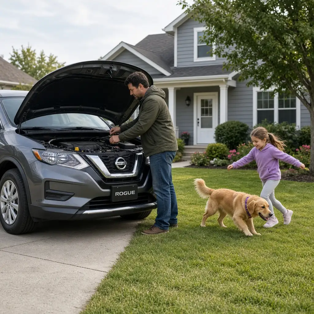 A Nissan Rogue with the hood raised while someone checks the engine bay in a driveway