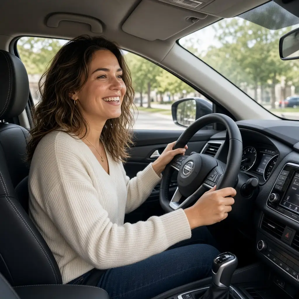 A driver at the wheel of a Nissan, hands on the steering wheel on a tree-lined street