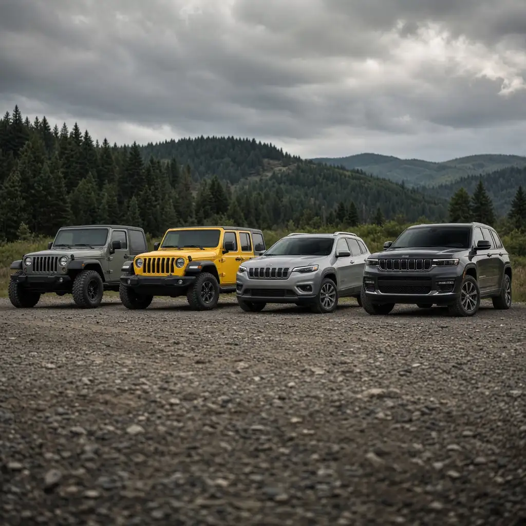 Four used Jeeps parked in a row — two Wranglers, a Cherokee and a Grand Cherokee