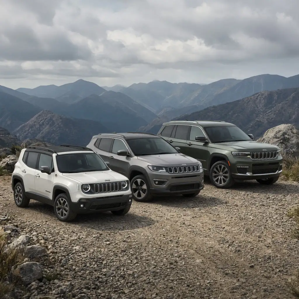 A Jeep Renegade, Compass and Grand Cherokee L parked together on a gravel overlook