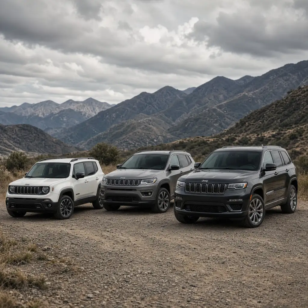 Three Jeeps side by side showing the size range: Renegade, Compass and Grand Cherokee