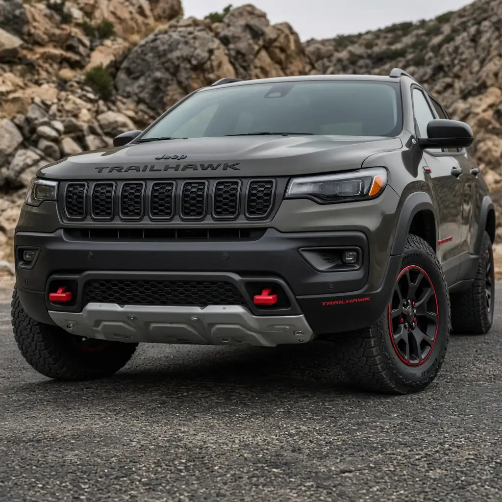 A green Jeep Compass Trailhawk with red tow hooks, a front skid plate and Trailhawk hood badging